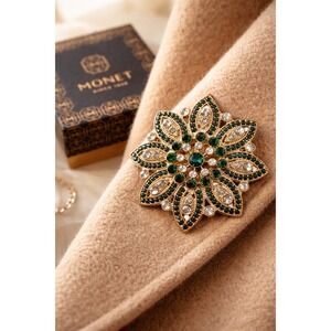 Monet Gold Tone Emerald Green Clear Rhinestone Starburst Brooch Pin with Box
